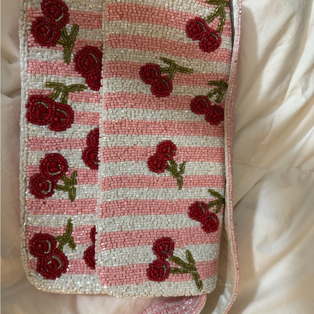 Pink and White Beaded Bag with cherries
